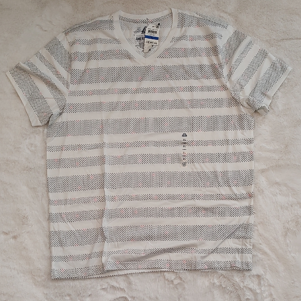 American Rag Cream and Gray Striped V-Neck Tee